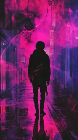 Lone silhouette walks through neon alley washed in magenta haze