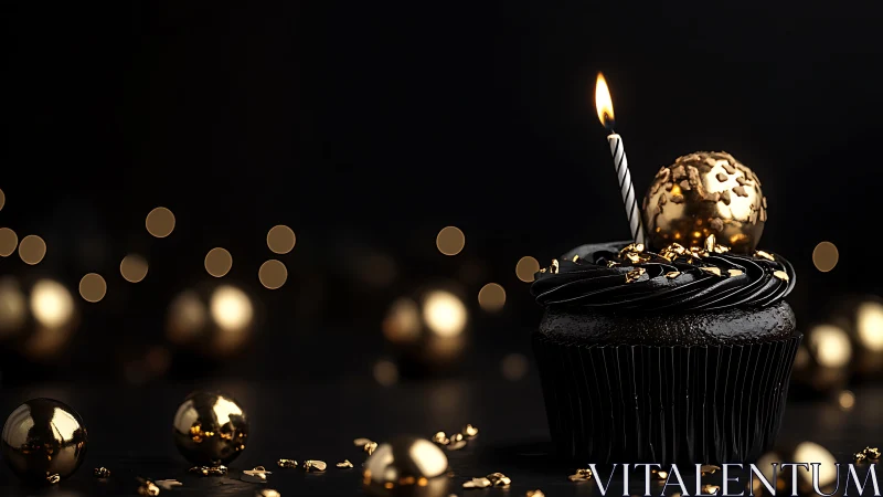 Luxury Celebration Cupcake with Gilded Sphere and Ignited Candlestick.