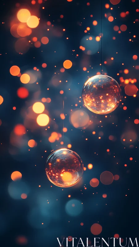 Volumetric bokeh spheres with suspended luminous orbs in blue dusk.