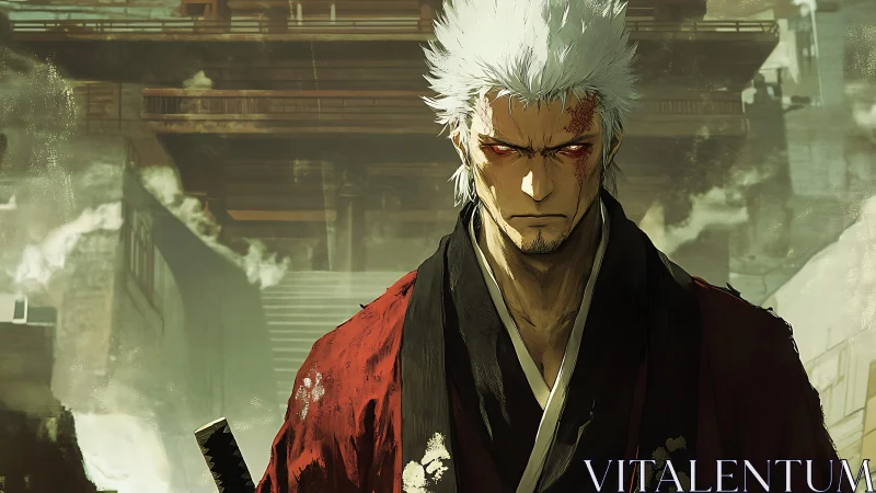 Storm-eyed swordsman walks forward through rising temple smoke