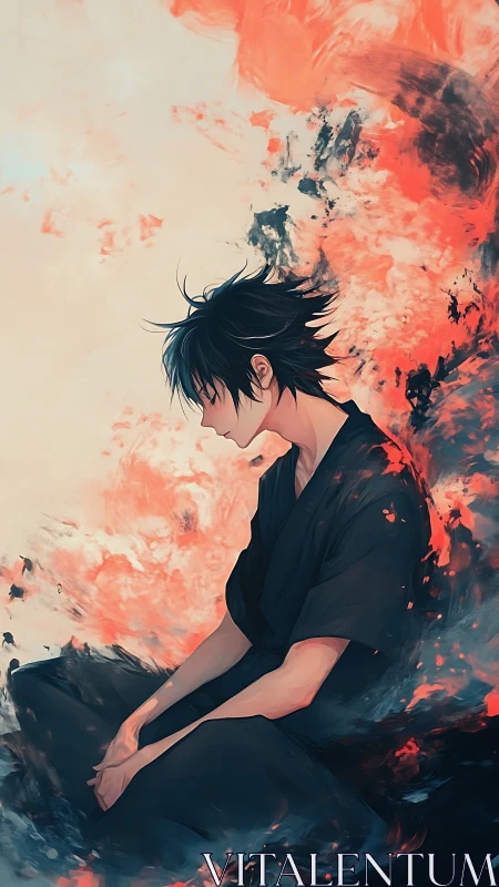 Solitary anime figure absorbs turbulent red-black energy field