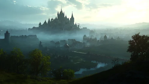 Misty medieval citadel above river valley at sunrise.