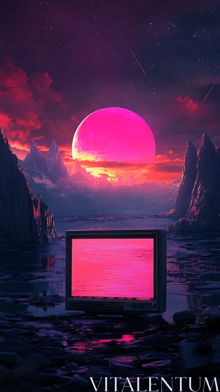 CRT display in neon-lit alien valley under pink moon.