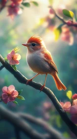 Sunlit songbird resting amid glowing spring blossoms.