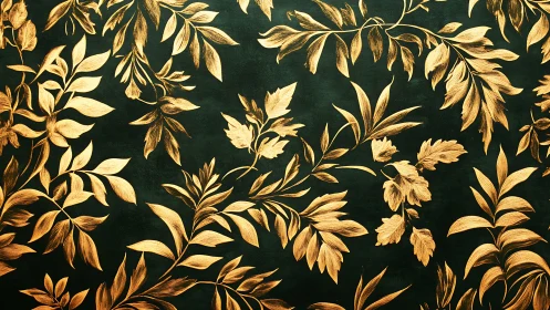 Gold botanical foliage pattern on deep emerald background.