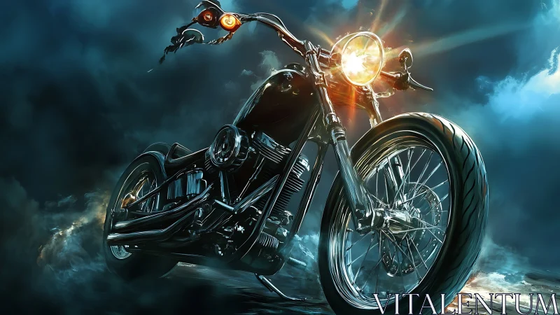 Chrome night rider hurls a blazing spotlight into the storm