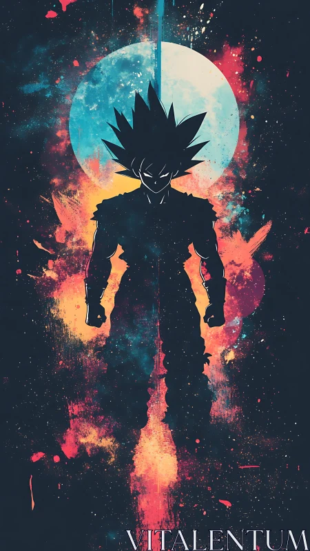Silhouetted spiky-haired figure before abstract cosmic orb.