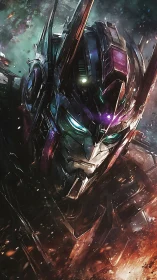 Legendary armored mech gazes forward through cosmic embers