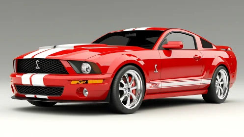 Red Shelby-style muscle car with white racing stripes shown.