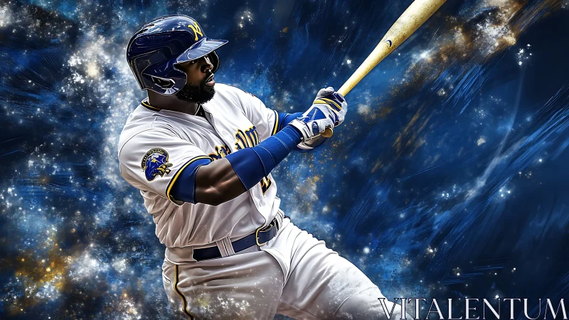 Baseball slugger swings through a cosmic starfield backdrop.