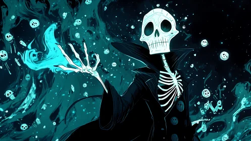 Skeletal sorcerer commands cyan spectral flame in void.
