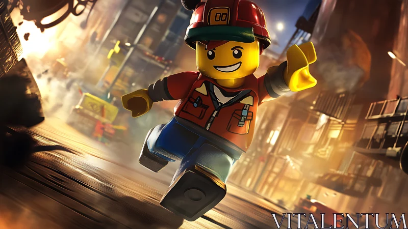 Dynamic LEGO construction worker sprinting through lit city street