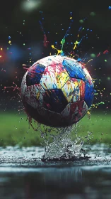 Color-splashed soccer ball impacting wet turf in motion.