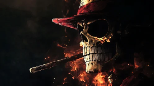 Flaming skeletal portrait with red fedora and burning cigar