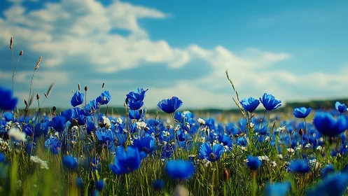 Blue Cornflowers and White Blooms in Meadow Field.