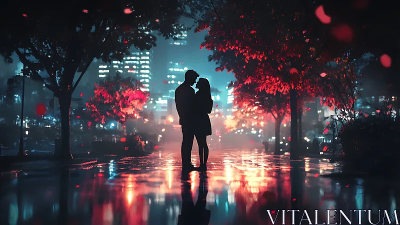 Urban Night Scene with Two Figures in Rain.