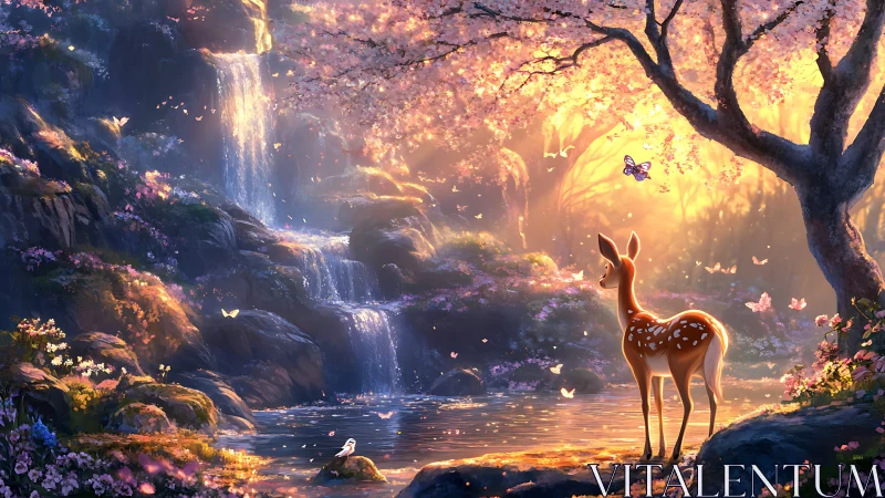 Fawn under cherry blossoms beside tiered forest waterfall at dusk