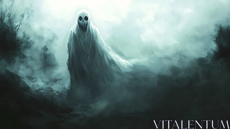 Spectral shrouded entity advances through fog-drenched desolate marshland