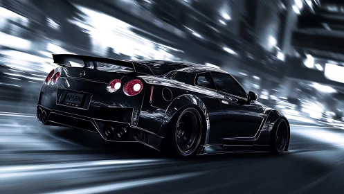 Black sports coupe accelerates through blurred city lights at night