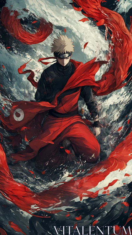 Red-clad anime warrior in storming water vortex composition.