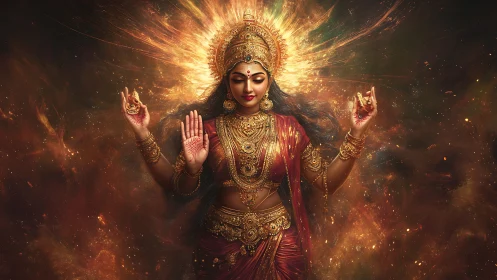 Hindu goddess portrait in fiery golden digital painting.