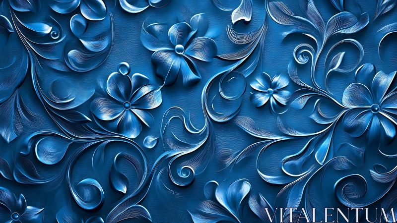 Midnight blue floral swirls carved in shimmering relief.