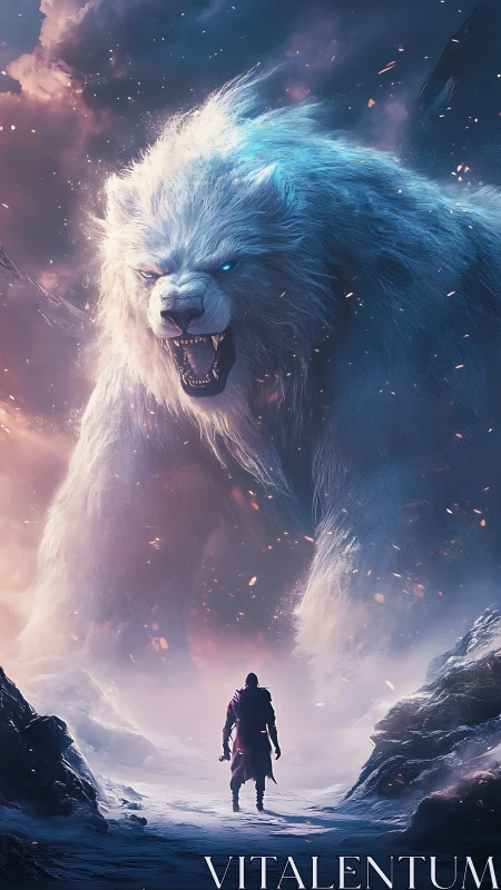 Giant spectral ice bear towers over lone cloaked warrior.