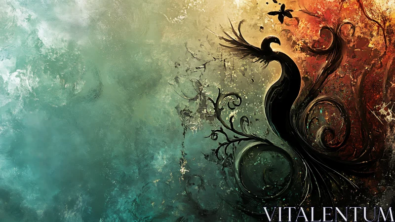 Phoenix silhouette spirals through stormy teal and ember sky.