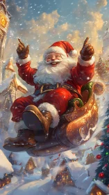 Joyful Santa in flying sleigh over snowy village scene.