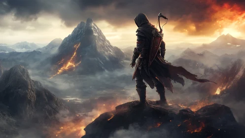 Fantasy ranger on volcanic ridge under cinematic sky.