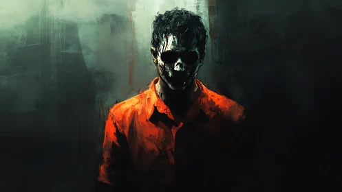 Human figure with skull mask in dark abstract setting.