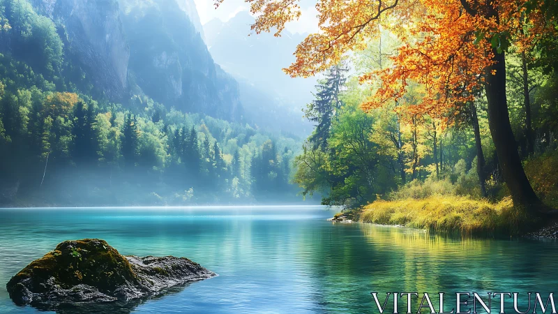 Mountain lake reflects forest shoreline under autumn light