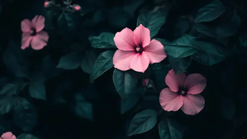 Pink hibiscus blooms against deep teal foliage with luminous contrast.