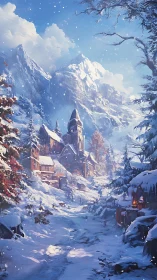 Snow-covered mountain village with central clock tower in winter.