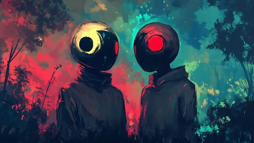 Mysterious hooded figures share a quiet glow in neon dusk