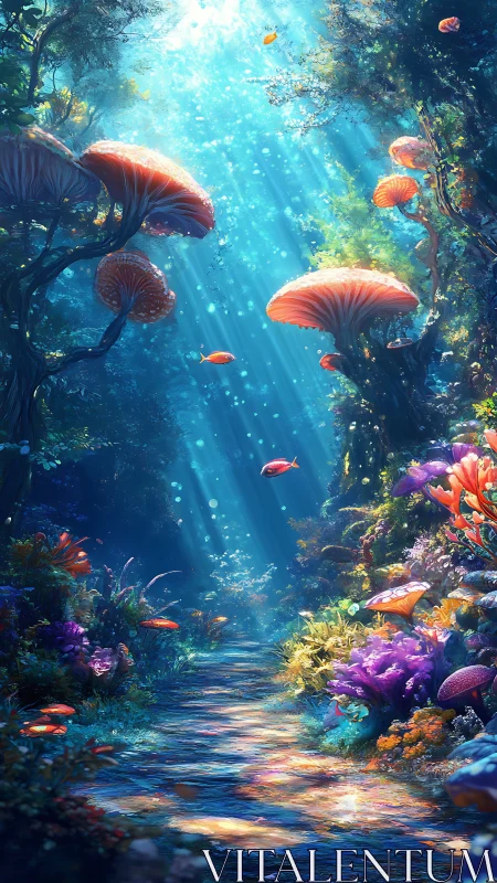 Luminescent coral forest bathes in sunlit ocean currents.