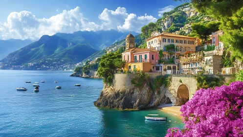 Photorealistic Amalfi coastline with cliffside architecture focus.