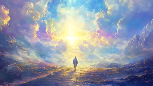 Solitary dreamer walking into a sky of molten dawn light.