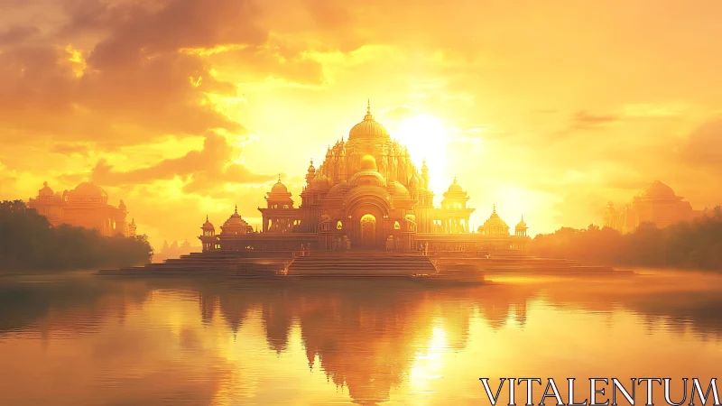 Sunlit domed palace complex reflected on calm water surface.