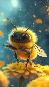 Macro-rendered fuzzy bee on marigold with bokeh particulates.