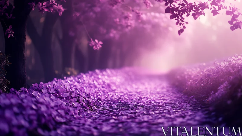 Dreamy violet forest path wrapped in soft morning light.