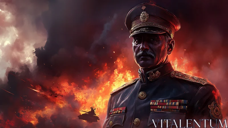 War-scarred admiral stands resolute before burning horizon