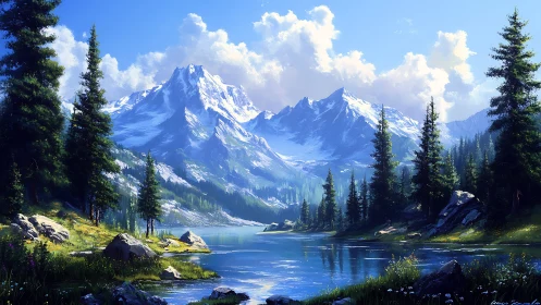 Sunlit alpine lake cradled by bright snow-tipped peaks.