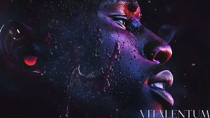 Luminous neon portrait bathed in cosmic rainlight and color.