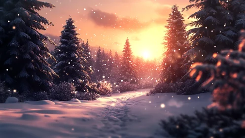 Winter forest path glows beneath a radiant, fiery sunset.