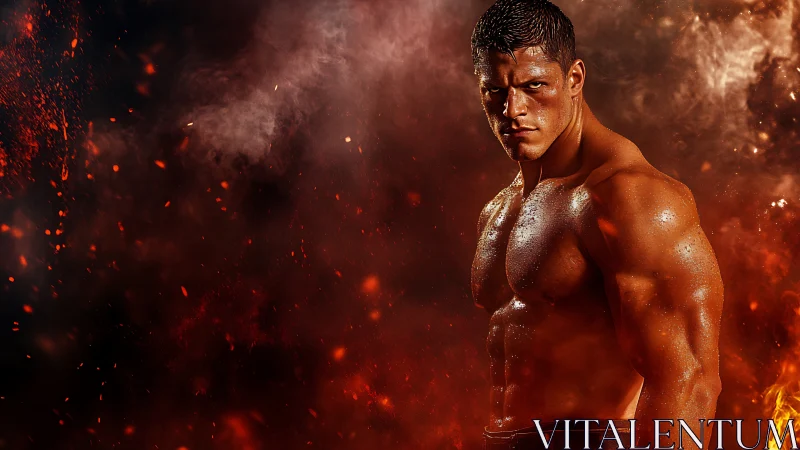 Muscular male torso against dark smoky fiery backdrop.