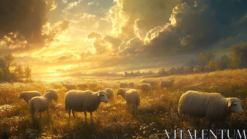 Sheep stand dispersed in a sunlit, densely textured field