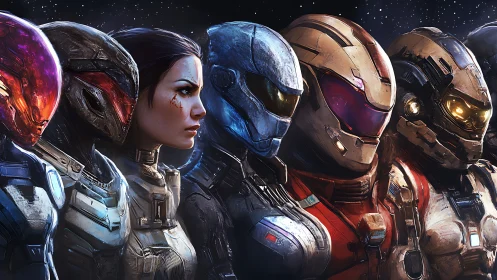 Armored sci fi squad lineup with central human leader.