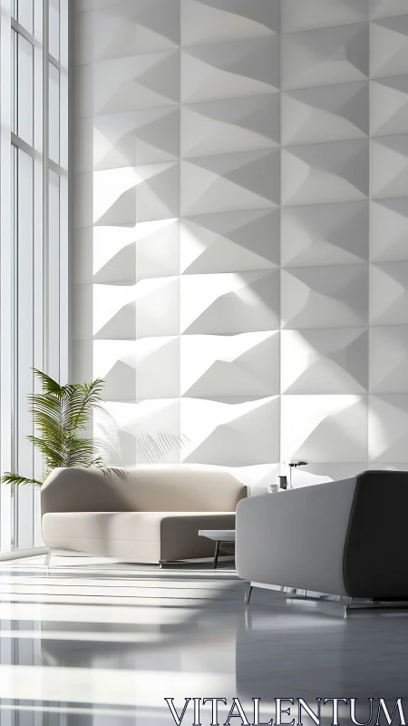 Minimalist lobby with geometric wall and modern sofas.