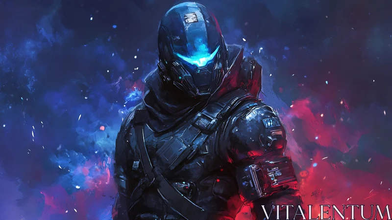 Armored sci fi soldier in illuminated combat exosuit stance.